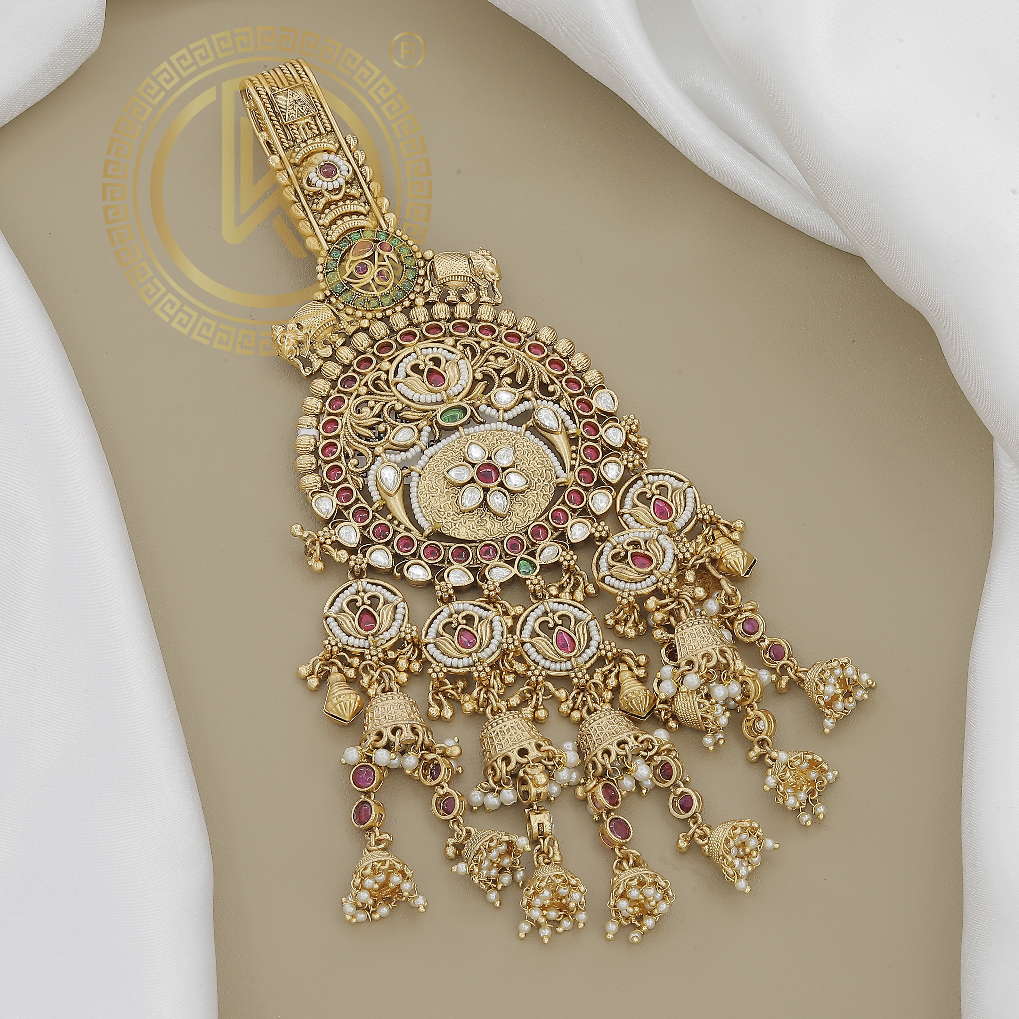 Regal Round Belly Juda with Temple Motif and Hanging Jhumkis