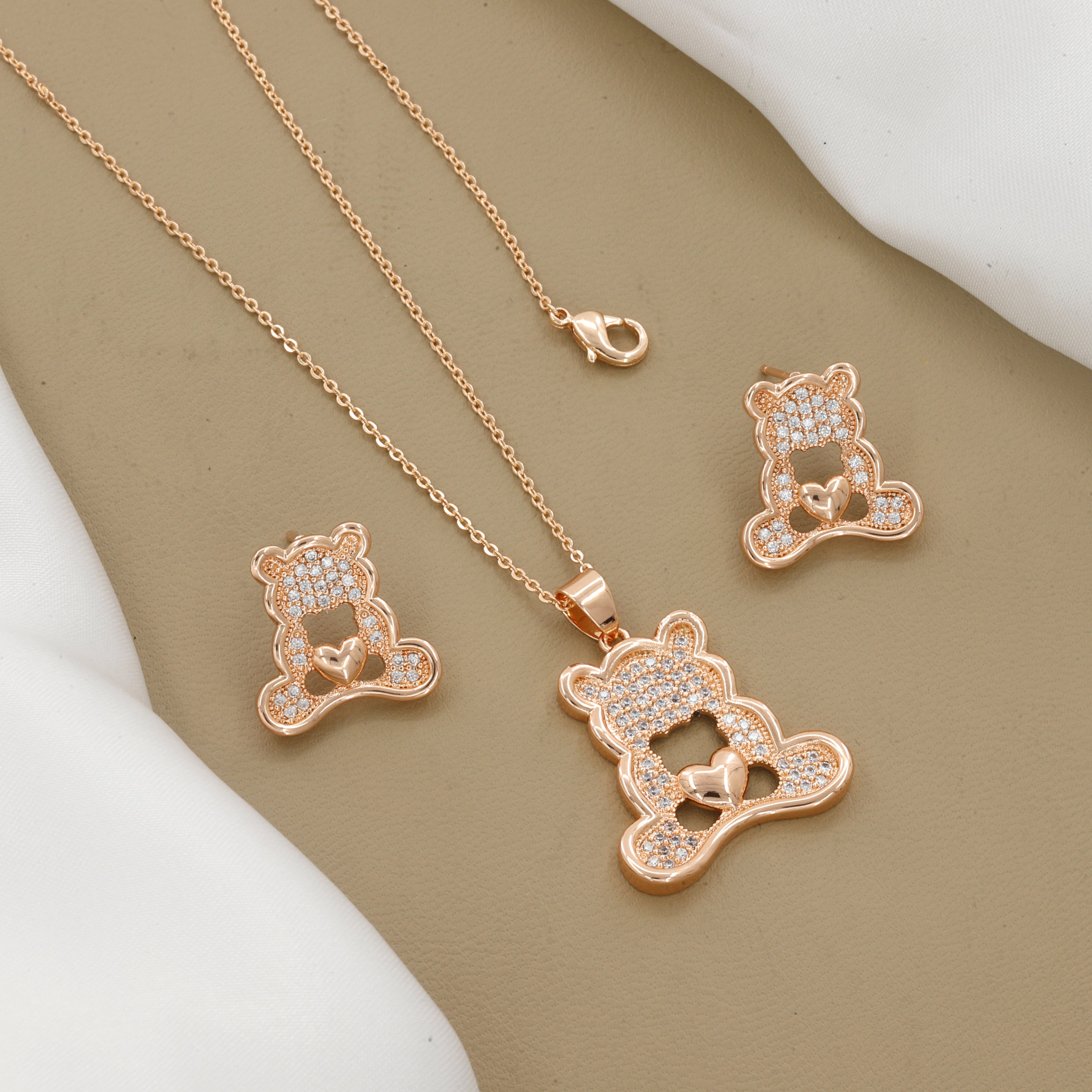 Rose Gold Cute Teddy Bear Pendent & Earring Set