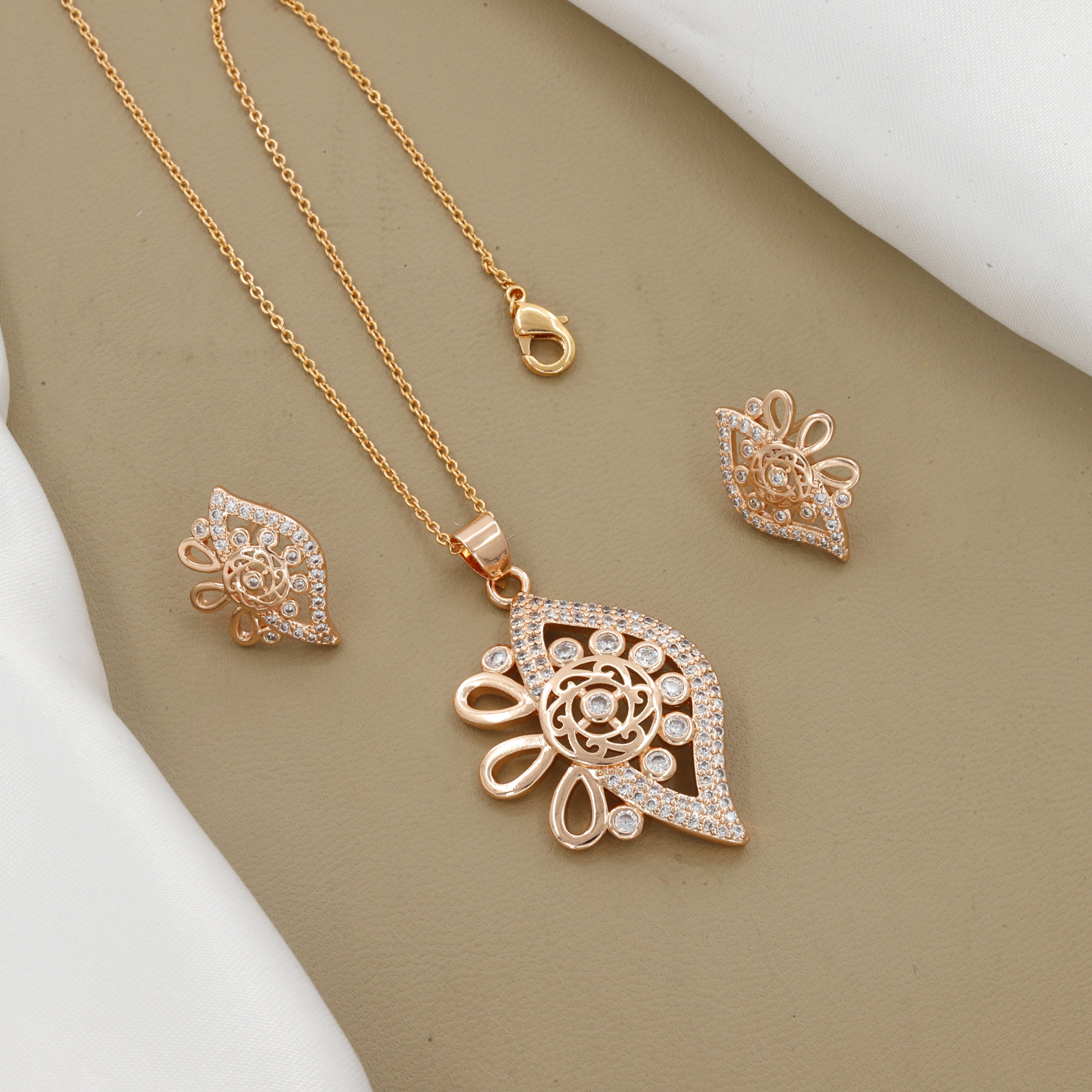 Rose Gold Plated Floral Pendent & Earring Set