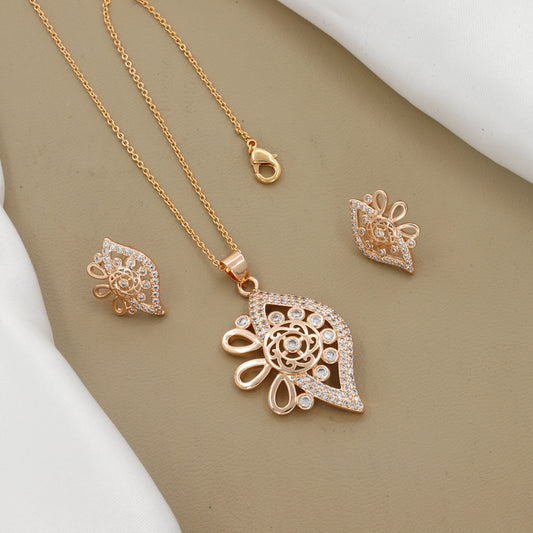 Rose Gold Plated Floral Pendent & Earring Set