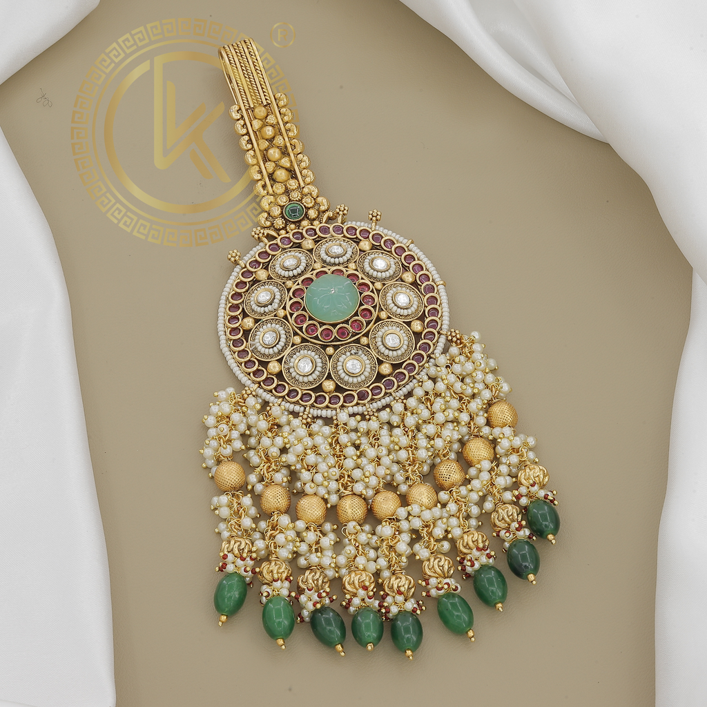 Round Gold Belly Juda with Green Stone Center and Pearl Fringe