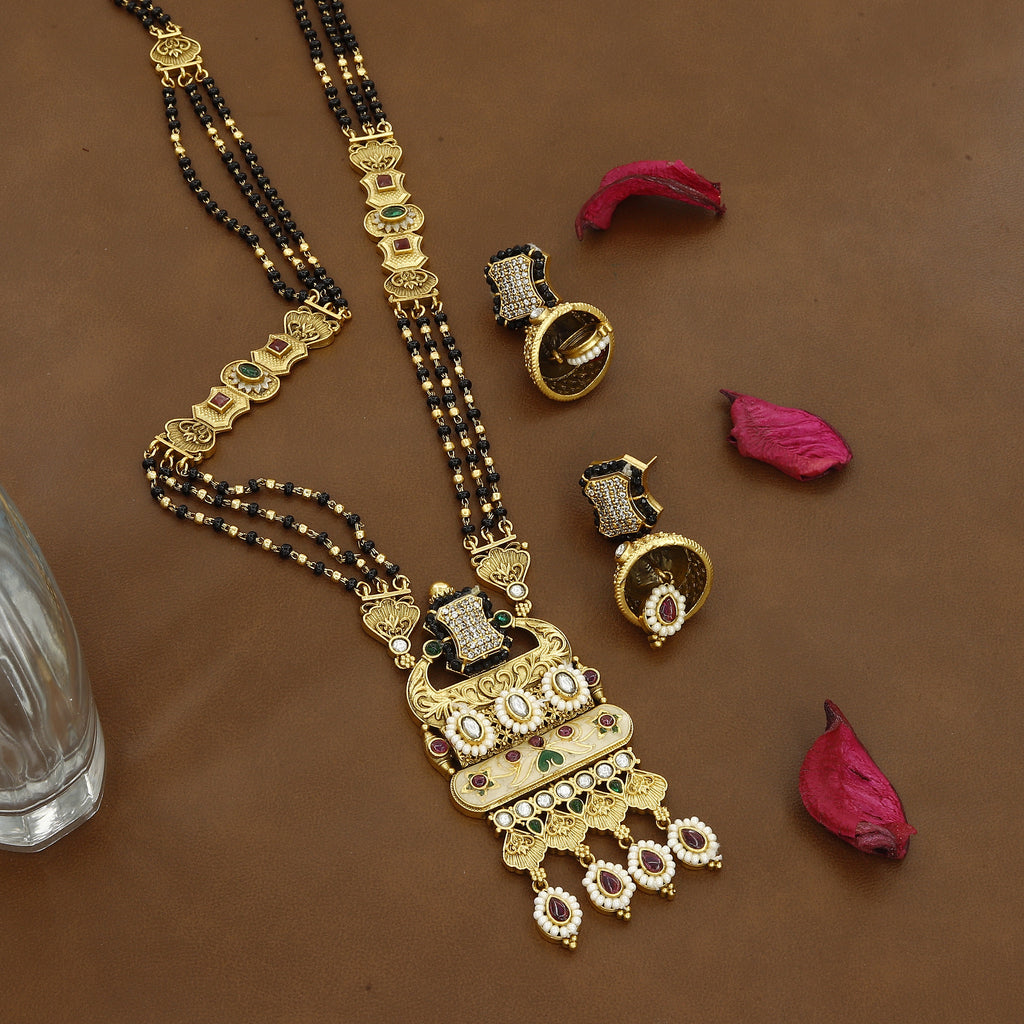 Royal Kundan Style Gold Mangalsutra Set with Black Beads