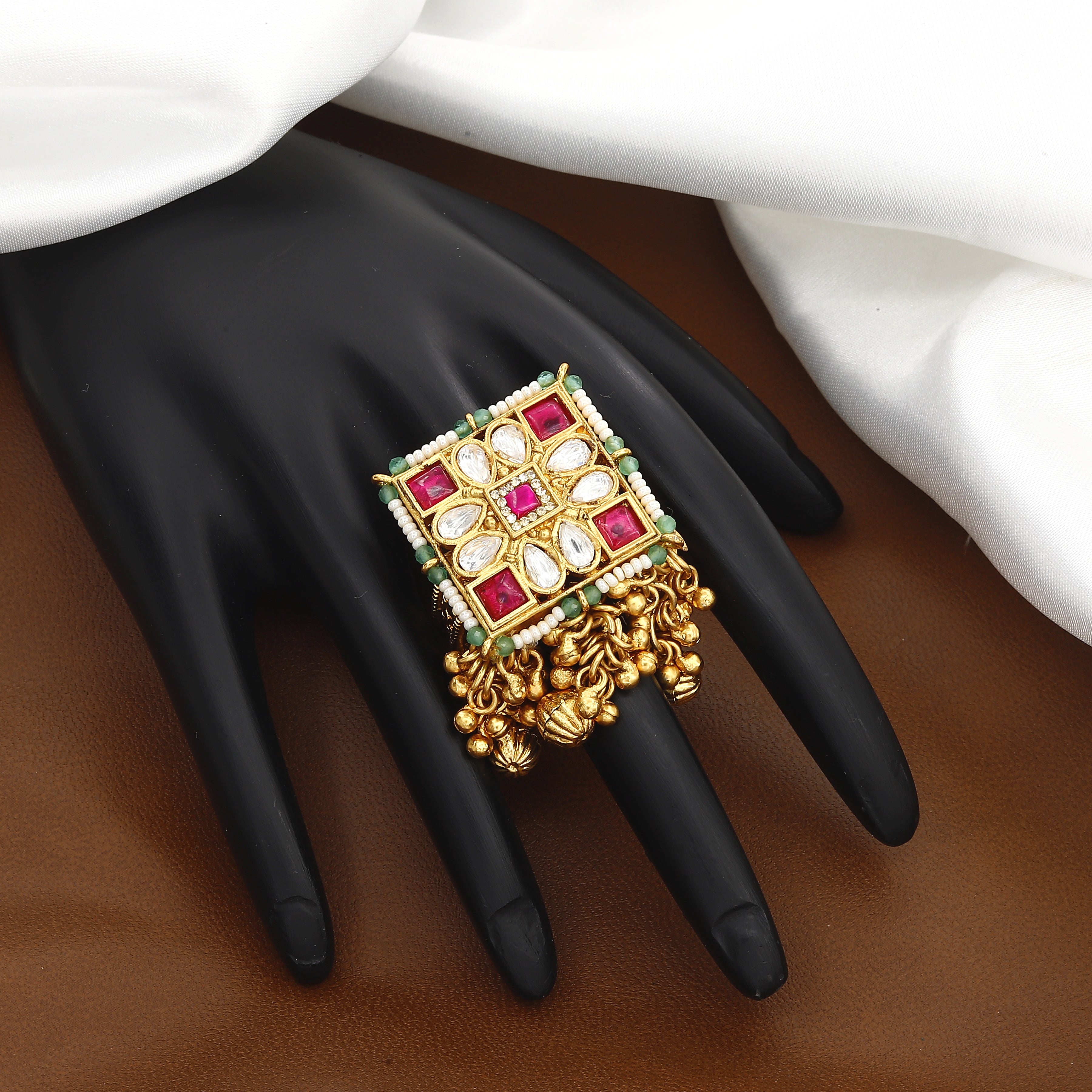 Ruby, White & Green Stone Kundan Freesize Ring