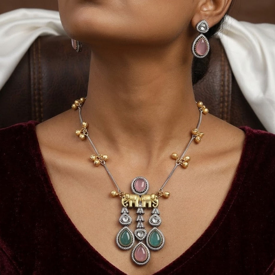 Antique Silver & Gold Plated Elephant Motif Necklace Set
