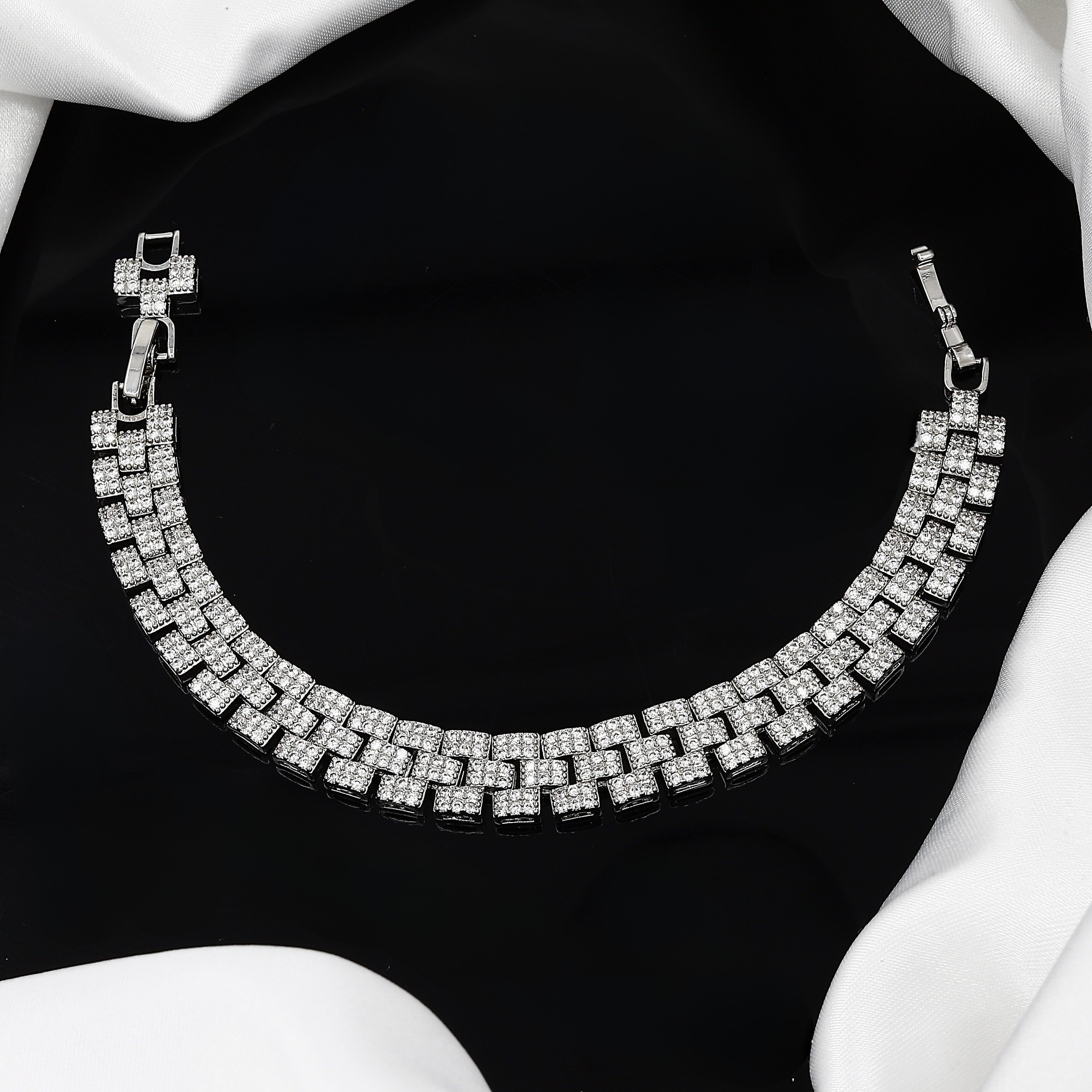 Silver Plated Triple-Row Pave Diamond Chain Bracelet