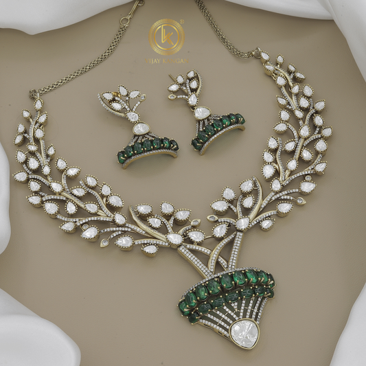 Sparkling and White Stone Floral Necklace with Earrings