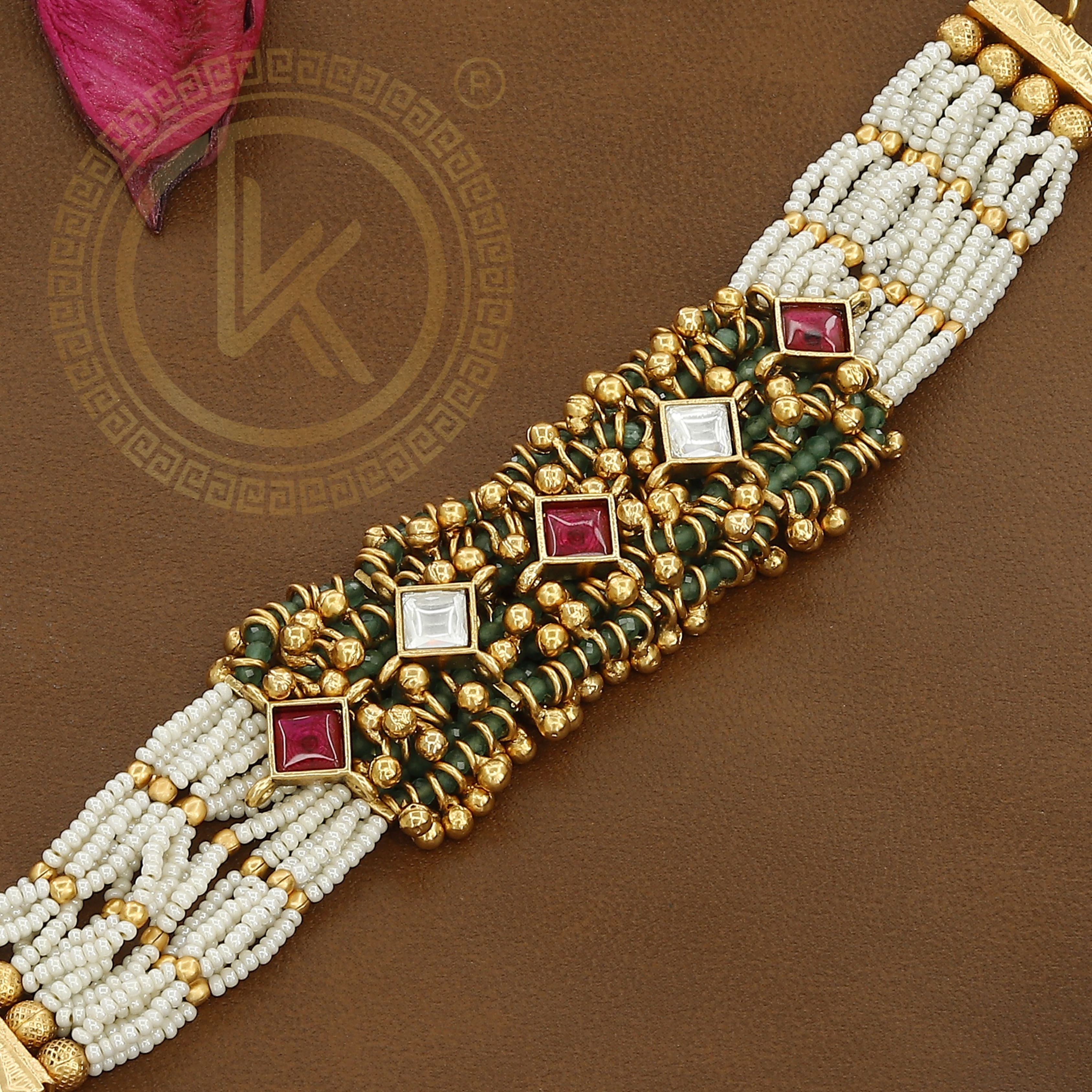Statement Kundan Antique Hand Bracelet With Colors