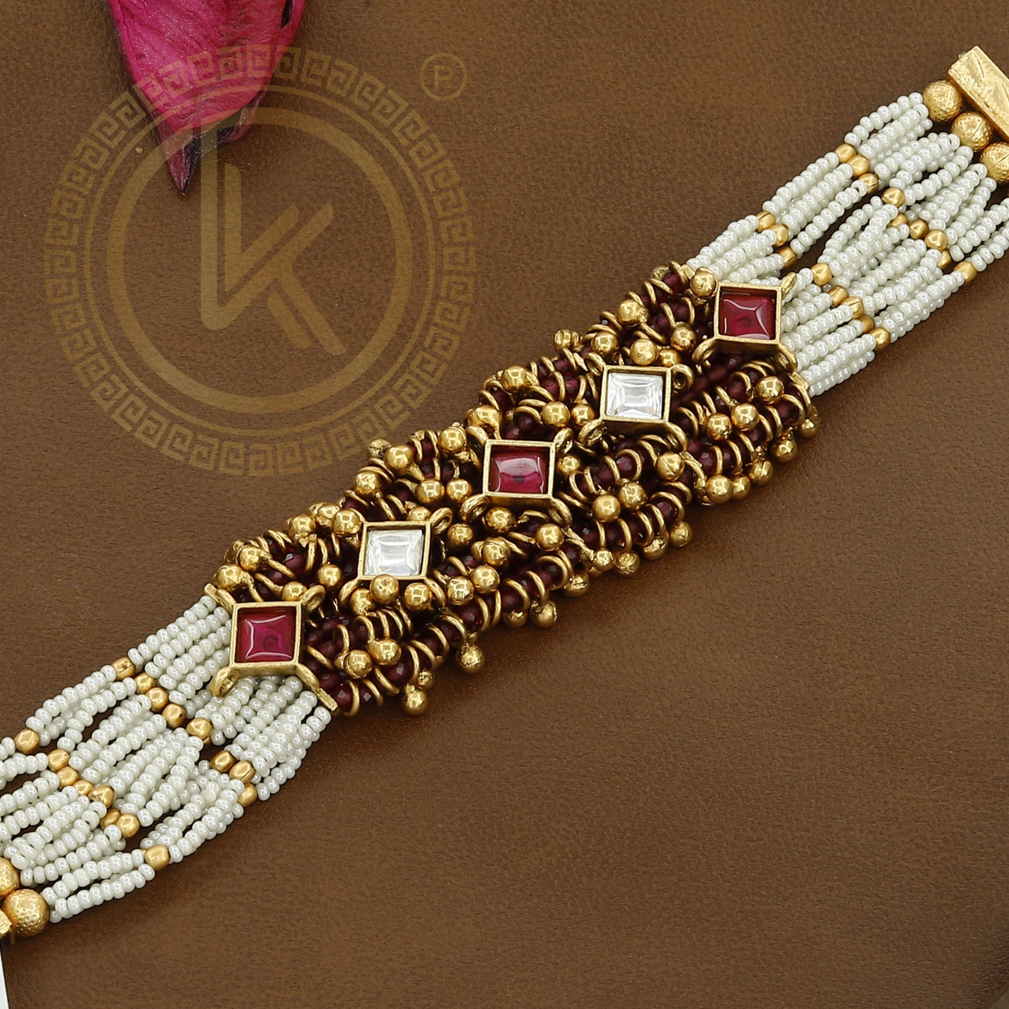 Statement Kundan Antique Hand Bracelet With Colors