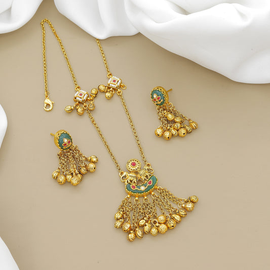Traditional Antique Gold Plated Choker Necklace with Green Enamel and Jhumki Earrings