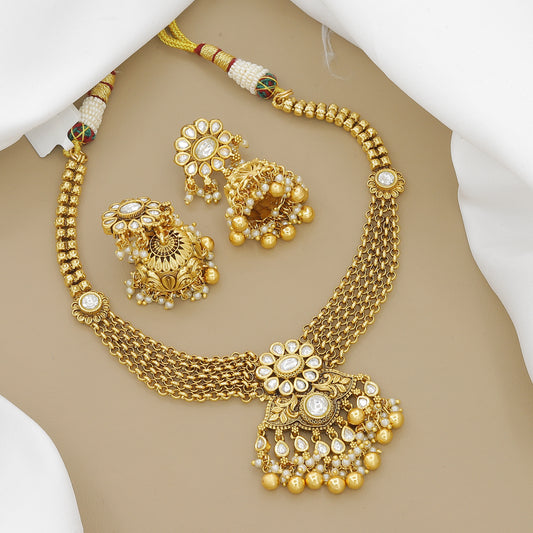 Traditional Antique Gold Plated Mini Necklace with  Pearl Drops