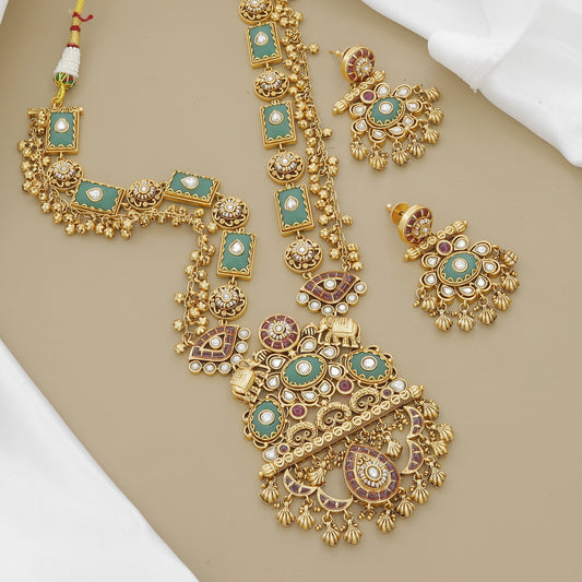 Traditional Antique Gold Plated Necklace Set with Green Stones and Elephant Motifs