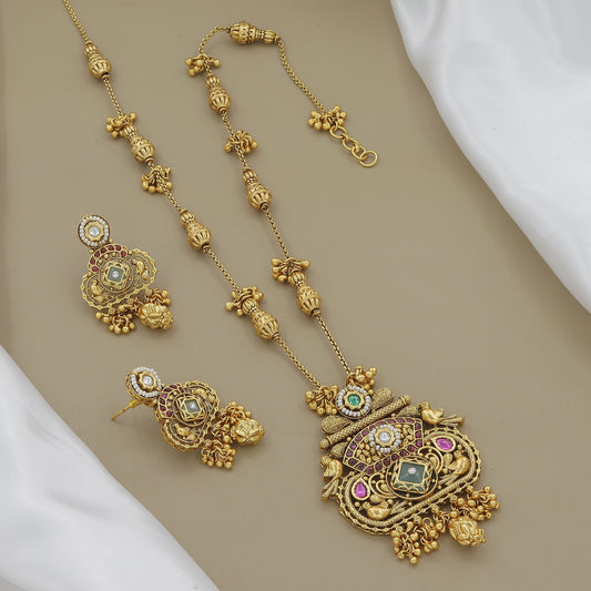 Traditional Antique Gold-Toned Green Stone & Pearl Temple Jewelry Set
