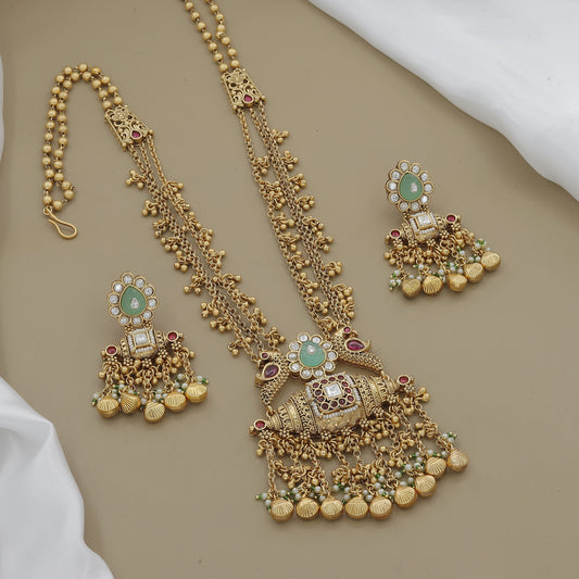 Traditional Antique Gold-Toned Peacock Motif & Green Stone Necklace Set