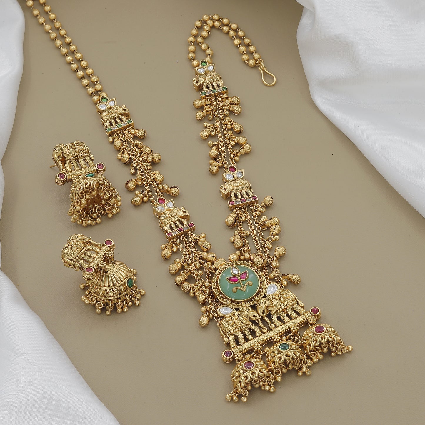 Traditional Elephant Motif Gold-Toned & Green Stone Temple Jewelry Set