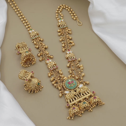 Traditional Elephant Motif Gold-Toned & Green Stone Temple Jewelry Set