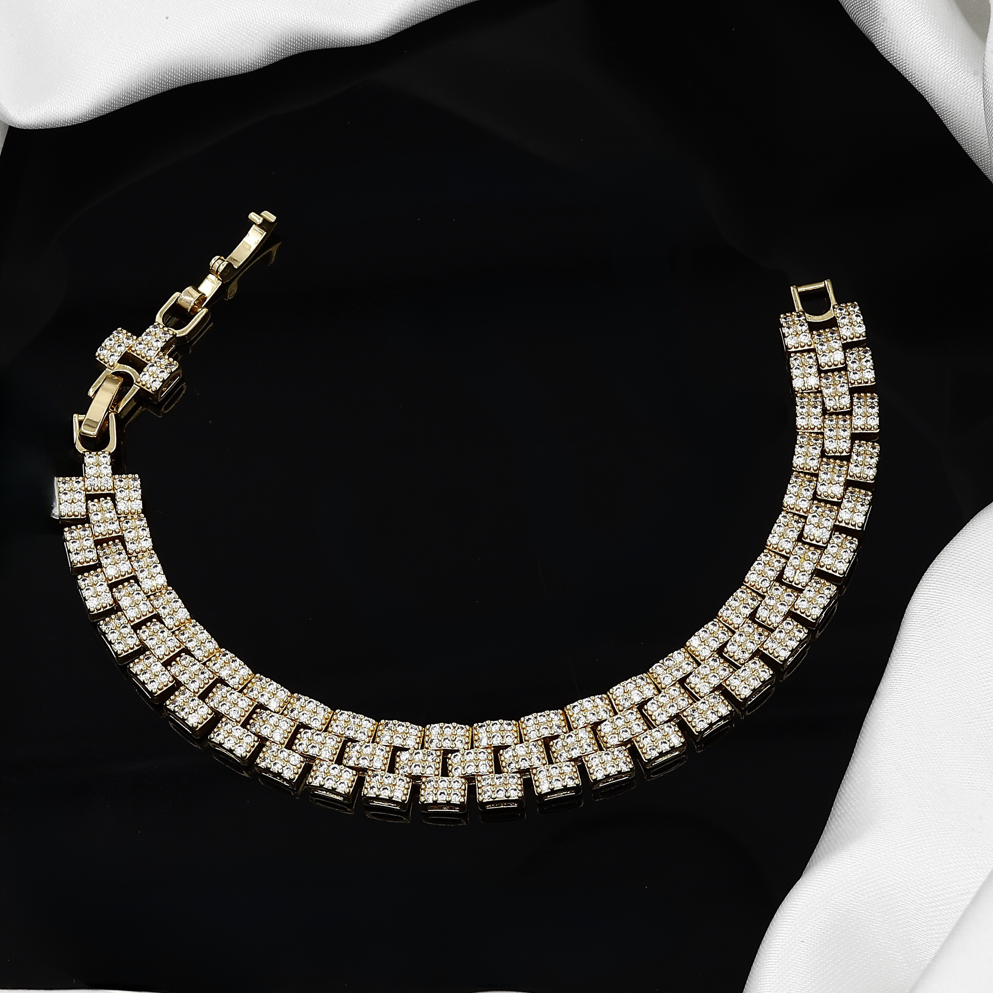 Triple-Row Pave Diamond Chain Bracelet in Gold Plated