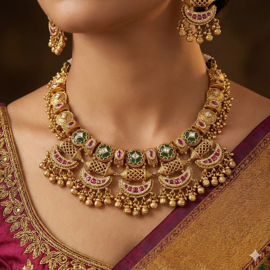 Antique Gold-Plated Necklace Set with Green Stones & Pink Meenakari Work