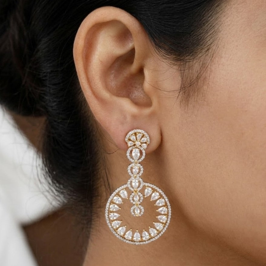 Gold-Plated CZ Circular Drop Statement Earrings