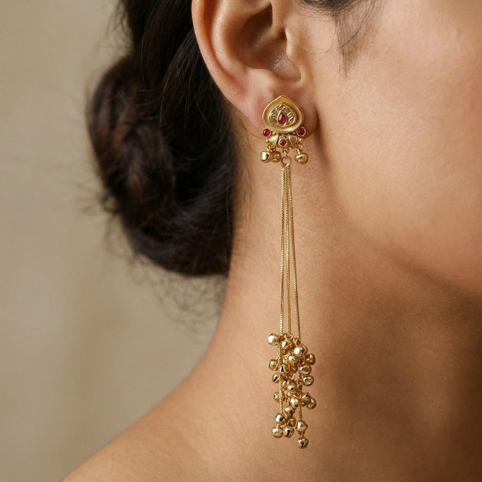 Stunning Long Gold Ghungroo Chain Earrings with Ruby Accents
