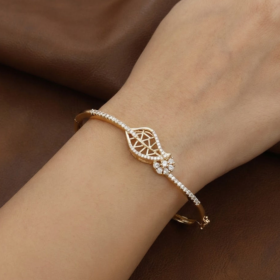 Elegant Gold Leaf-Design Diamond Bangle Bracelet