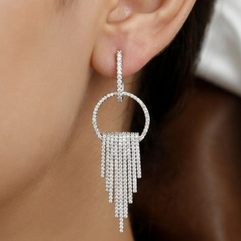 Silver Plated CZ Tassel Hoop Drop Earrings
