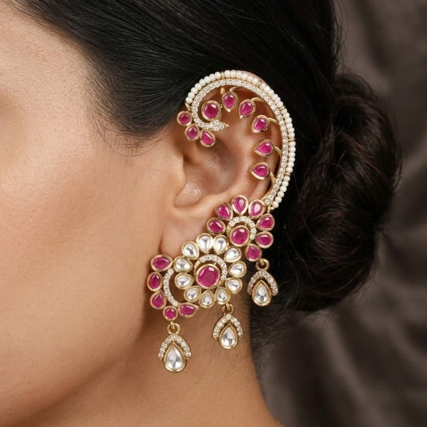 Ruby Pink & Kundan Ear Cuffs with Pearl Border