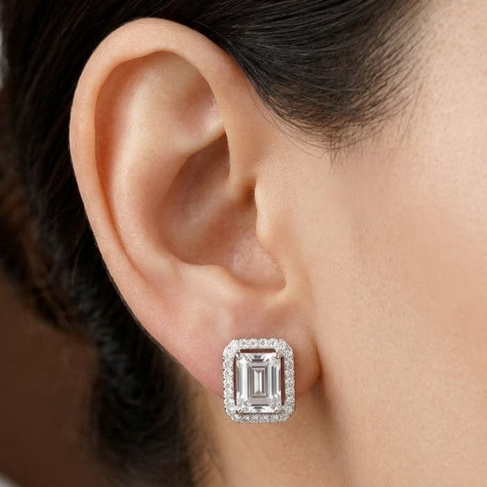 American Diamond Emerald Halo Studs in Silver Tone