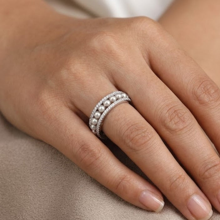 Silver Adjustable Pearl Eternity Ring with Sparkling Accents
