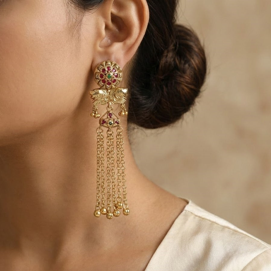 Regal Lion Motif Chain Antique Earrings