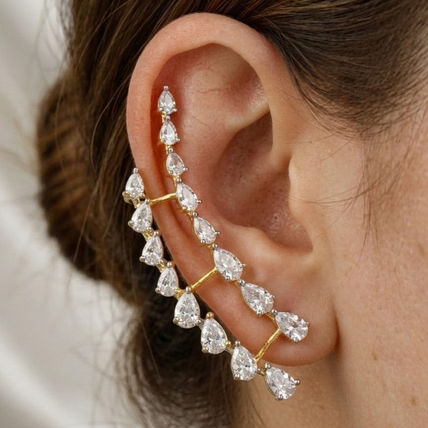 Statement Double Pear-Shaped Diamond Ear Cuff in Yellow Gold