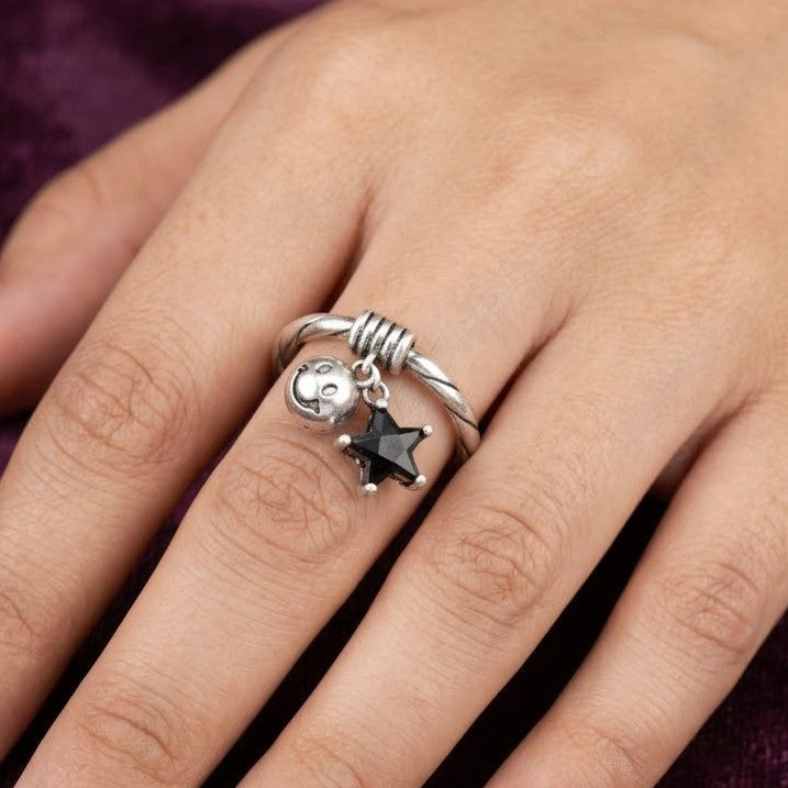 Oxidized Silver Star & Bell Adjustable Charm Ring