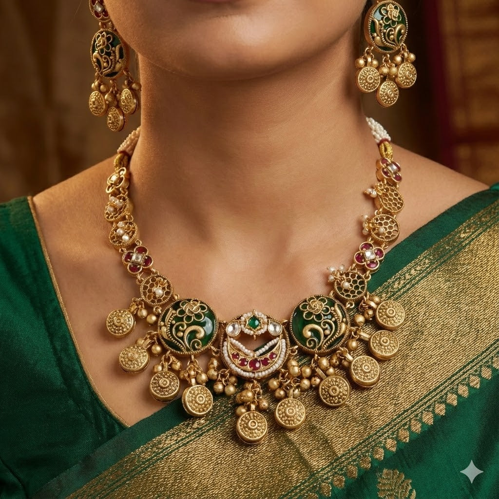 Traditional Green Enamel & Gold-Tone Necklace Set