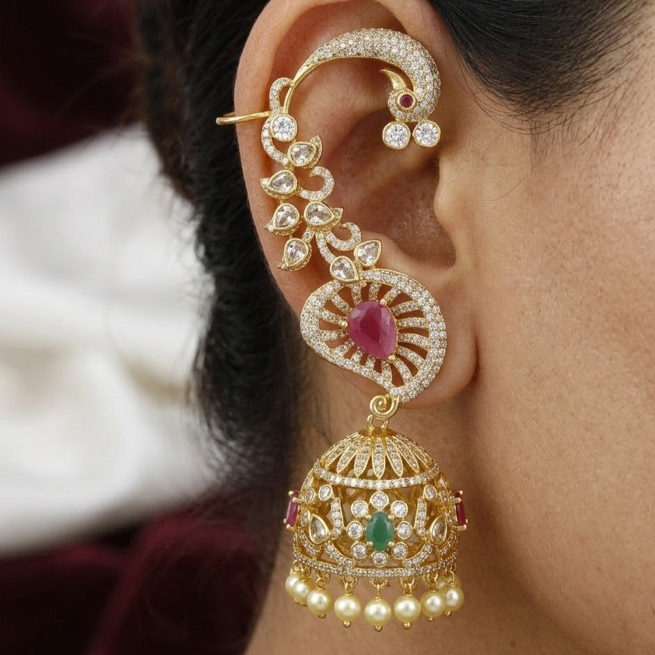 Gold-Plated Royal Ruby & Pearl Jhumka Ear Cuffs