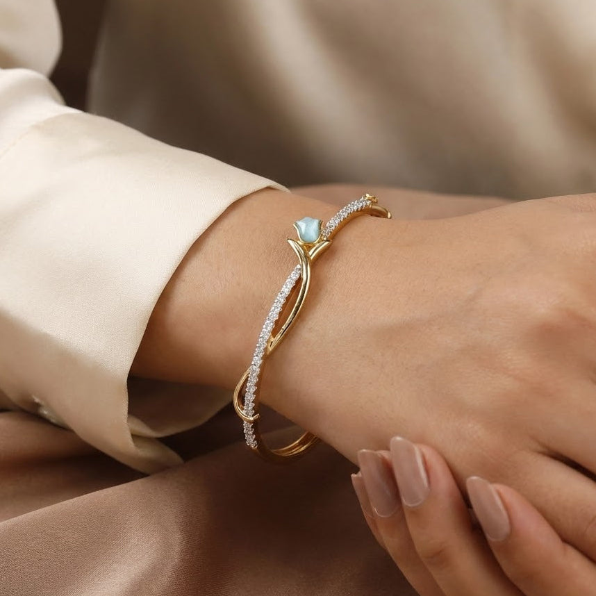 Gold Floral Tulip Bangle with Turquoise Stone