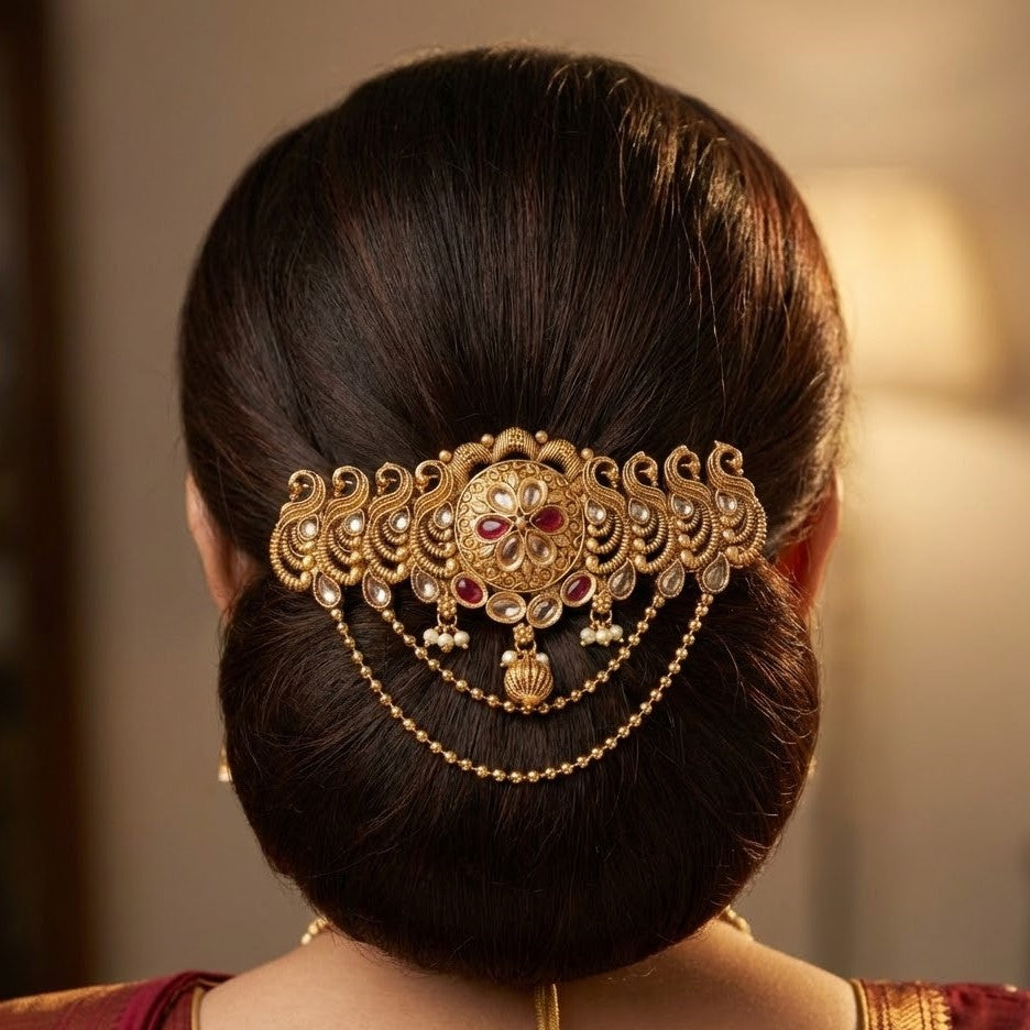 Antique Gold Temple Jewelry Hair Pin with Red Stones & Pearls