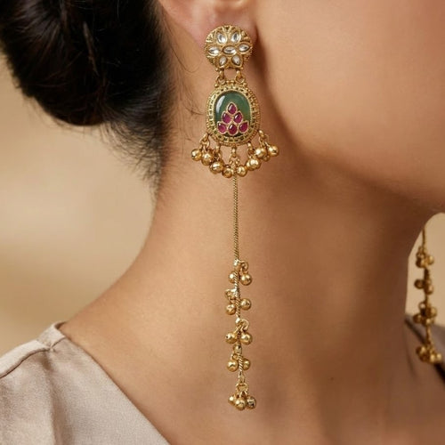 Antique Gold-Plated Kundan Earrings with Green Enamel and Long Ghungroo Drops