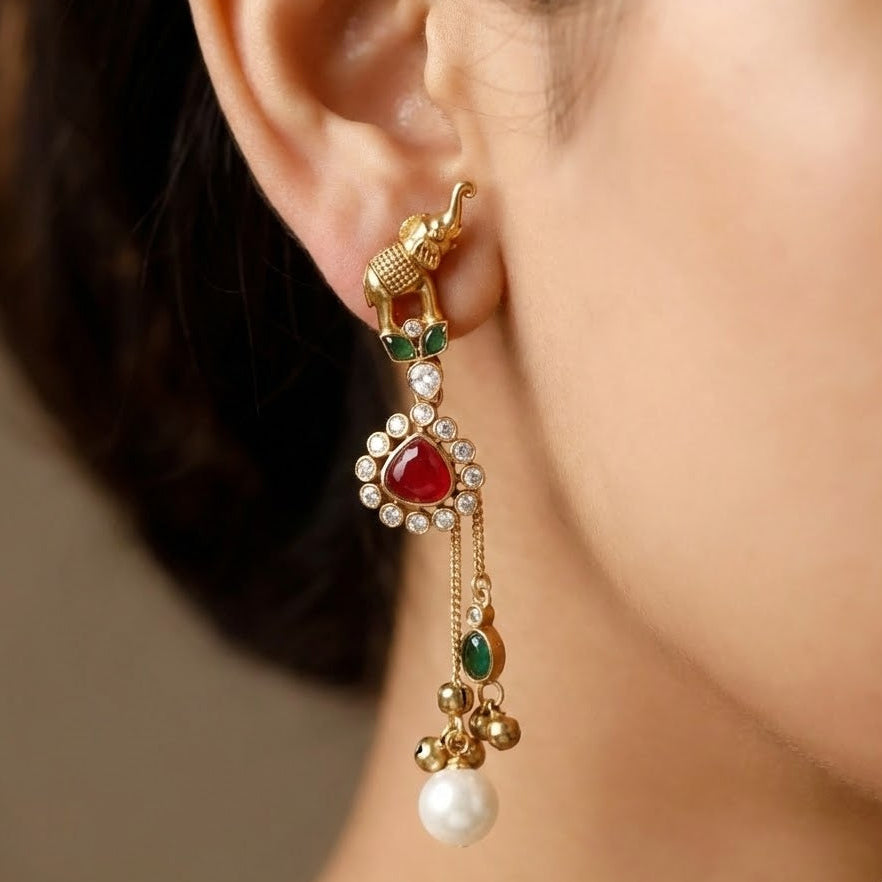 Mehndi Polished Regal Elephant & Ruby Stone Designer Earrings