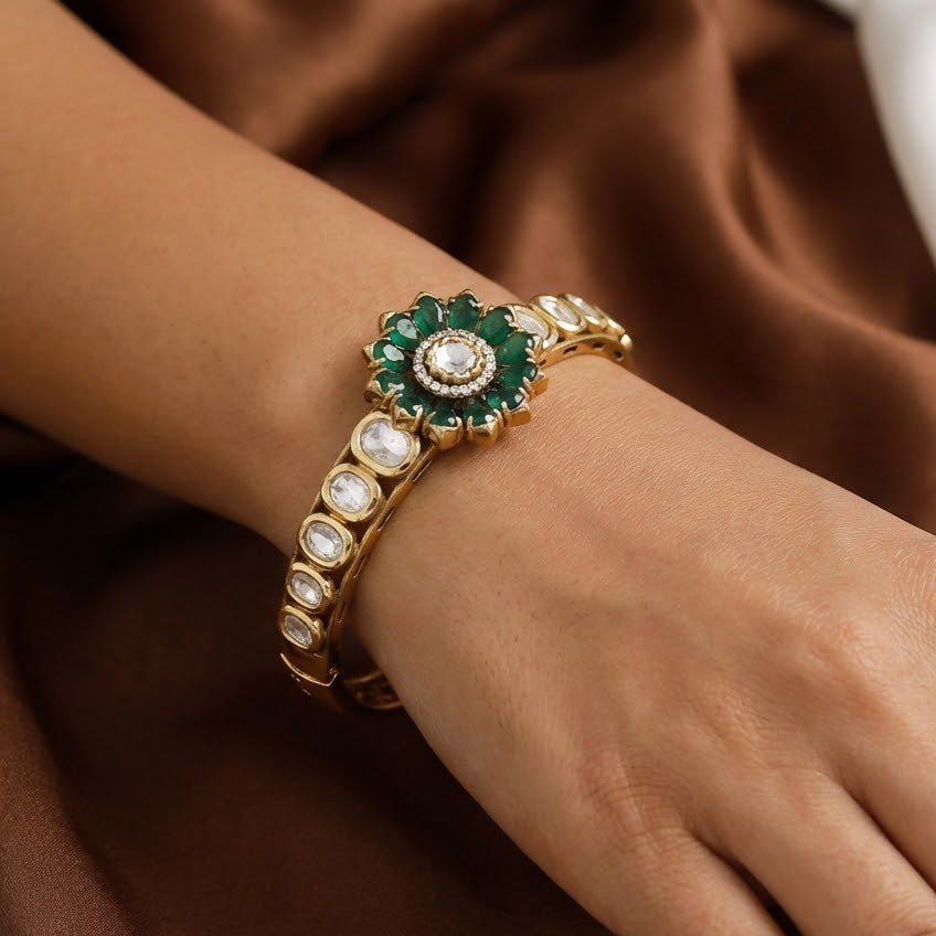 Traditional Victorian Polished Kundan Bangle with Green Floral Design