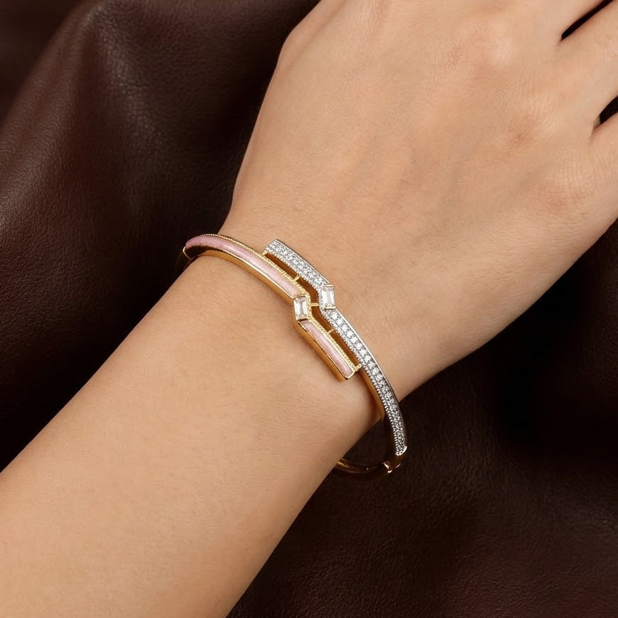 Modern Gold-Tone Chevron Bangle with Enamel & Crystals