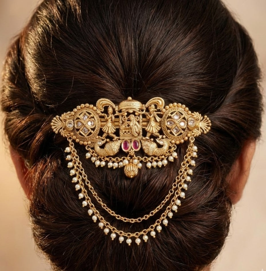Antique Gold Palki & Peacock Hair Pin with Layered Pearl Chains