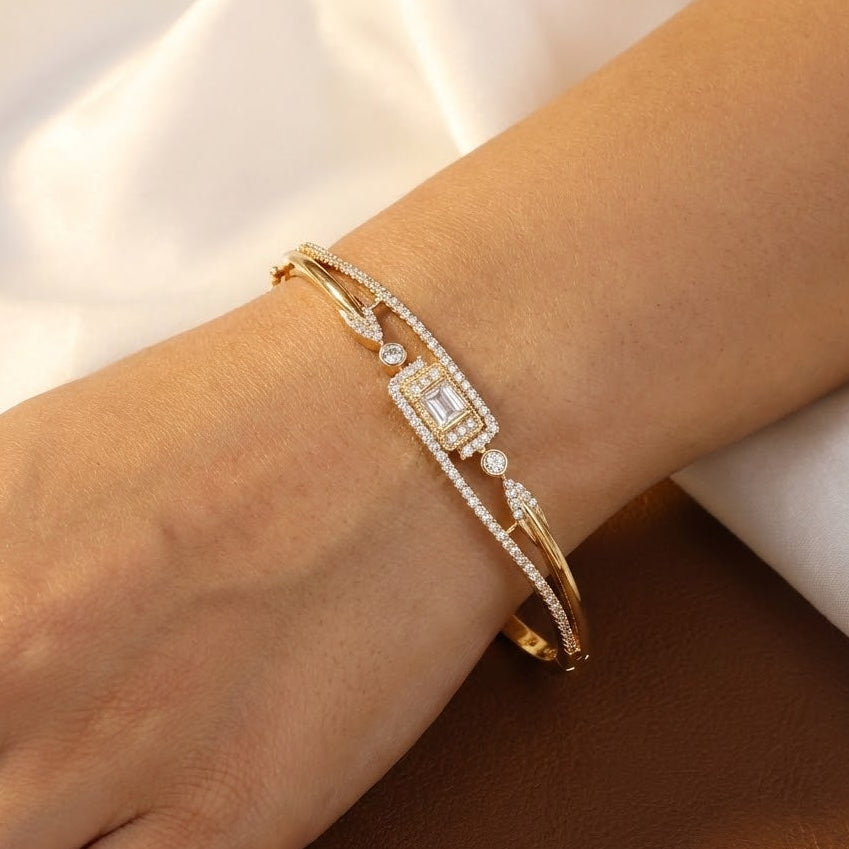 Gold Halo Emerald-Cut Diamond Bangle Bracelet
