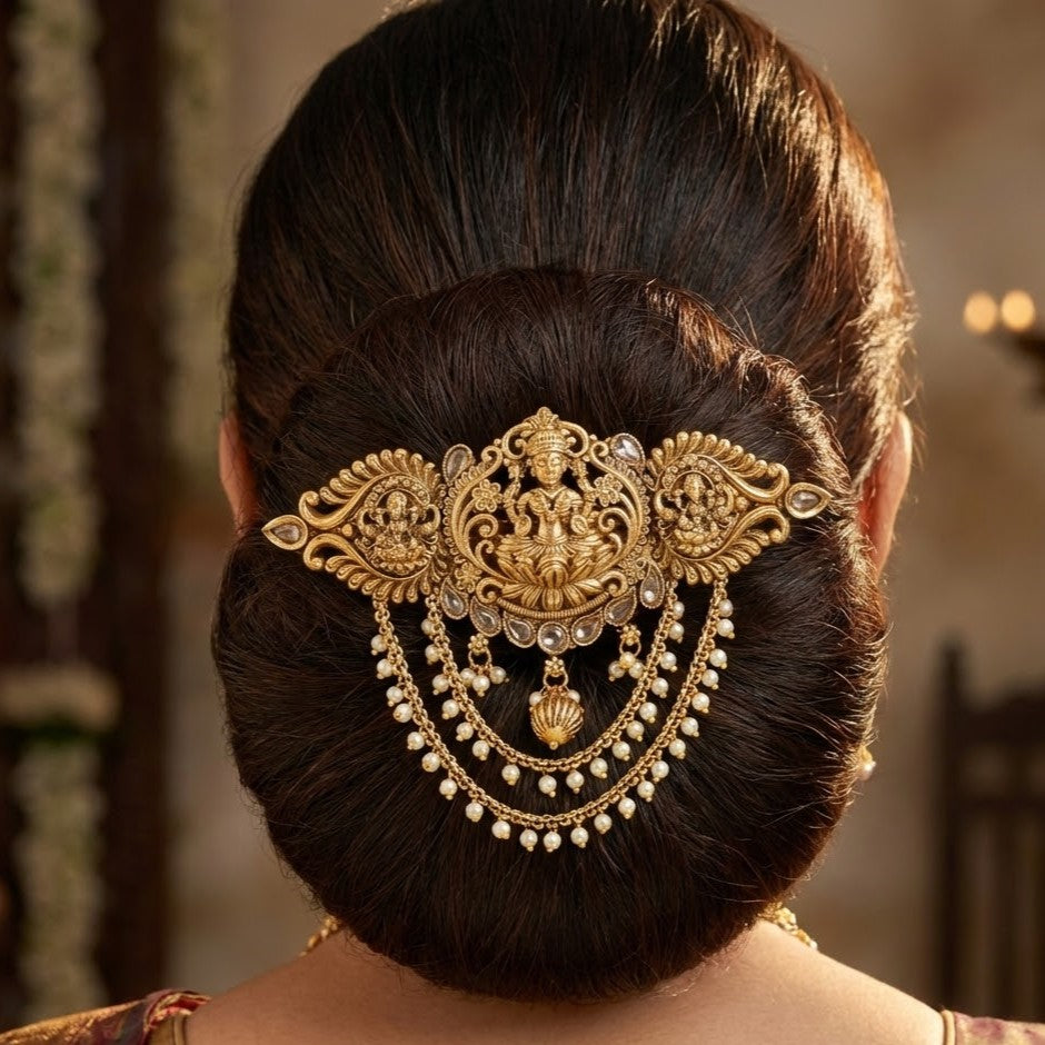 Antique Gold Lakshmi Temple Hair Brooch with White Stones & Pearls