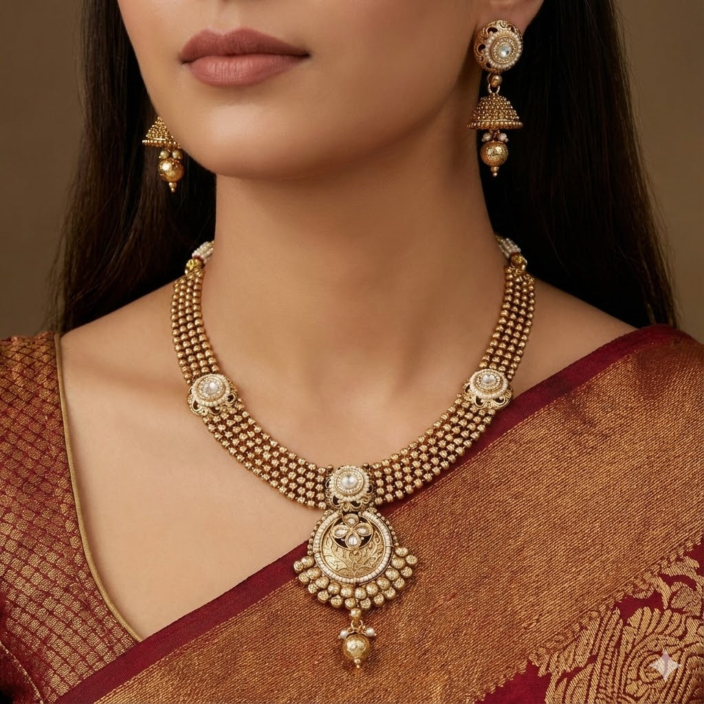 Antique Gold-Plated Beaded Necklace Set with Jhumka Earrings