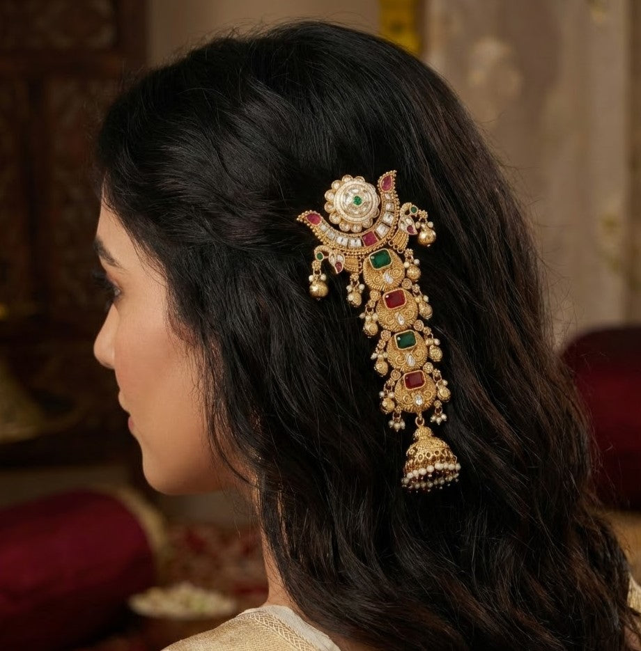 Antique Gold-Plated Multicolored Stone Hair Pin with Jhumka Drop