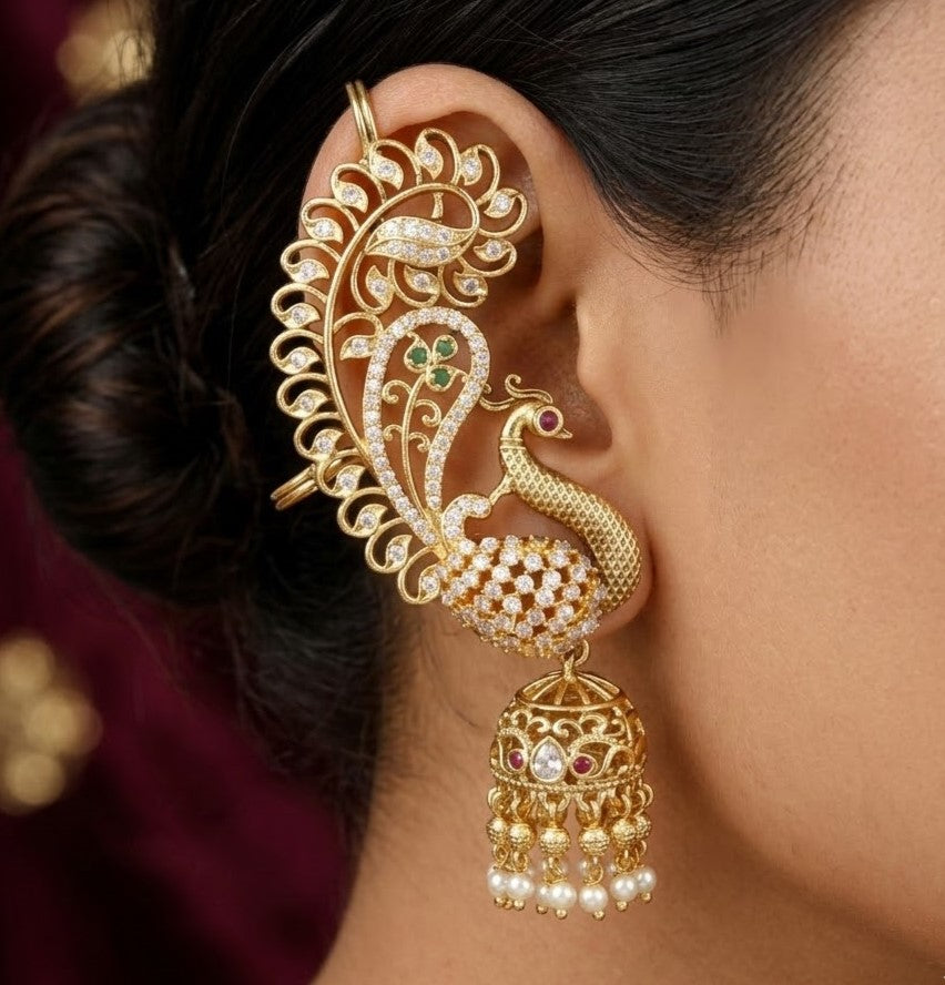 Exquisite Gold-Plated Peacock Jhumka Ear Cuffs