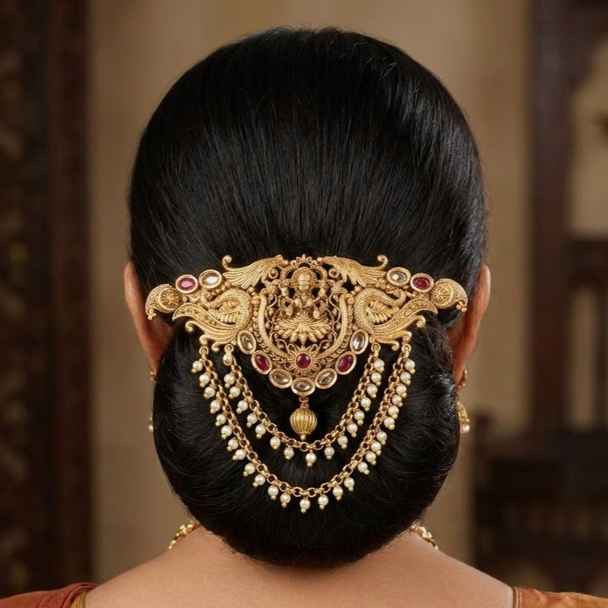 Antique Gold Temple Jewelry Lakshmi Hair Brooch with Pearls