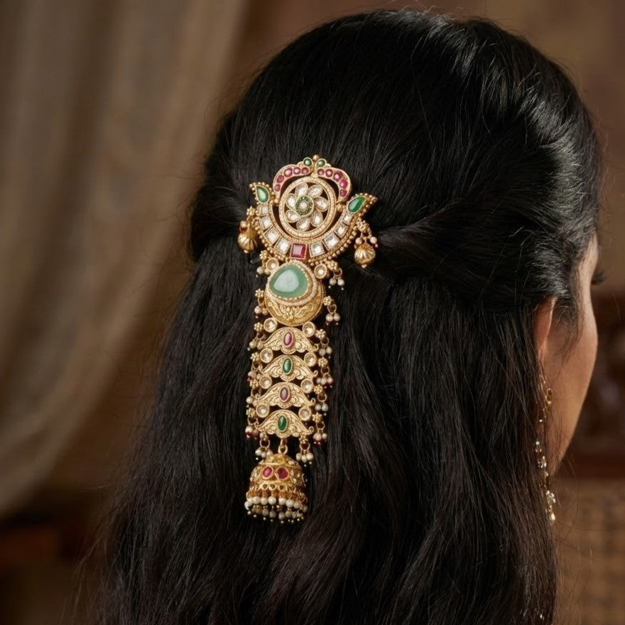 Antique Gold Multi-Stone Jadatirami / Choti Hair Ornament with Jhumka Drop