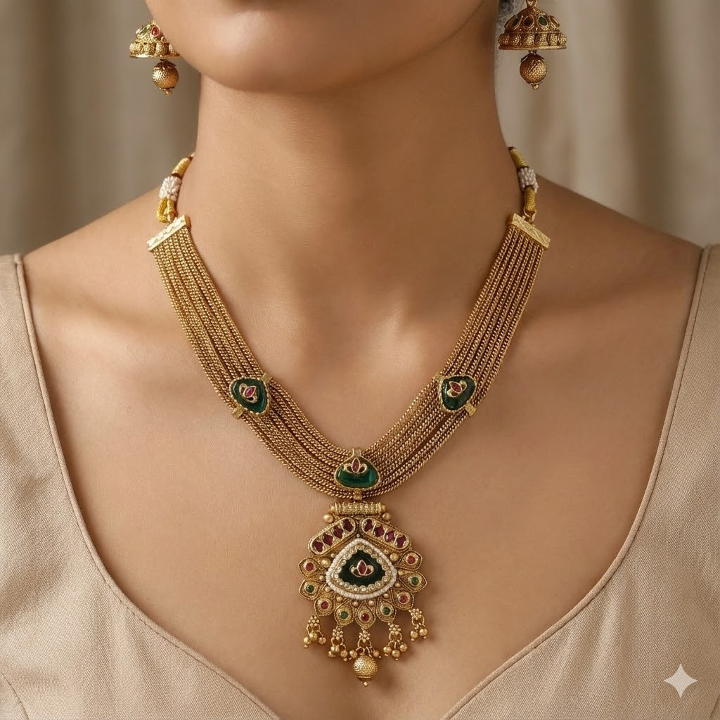 Antique Gold-Toned Multi-Strand Necklace Set with Kundan & Emerald Green Accents