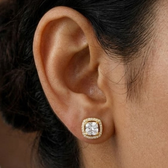 Gold-Plated Cushion Cut CZ Halo Stud Earrings
