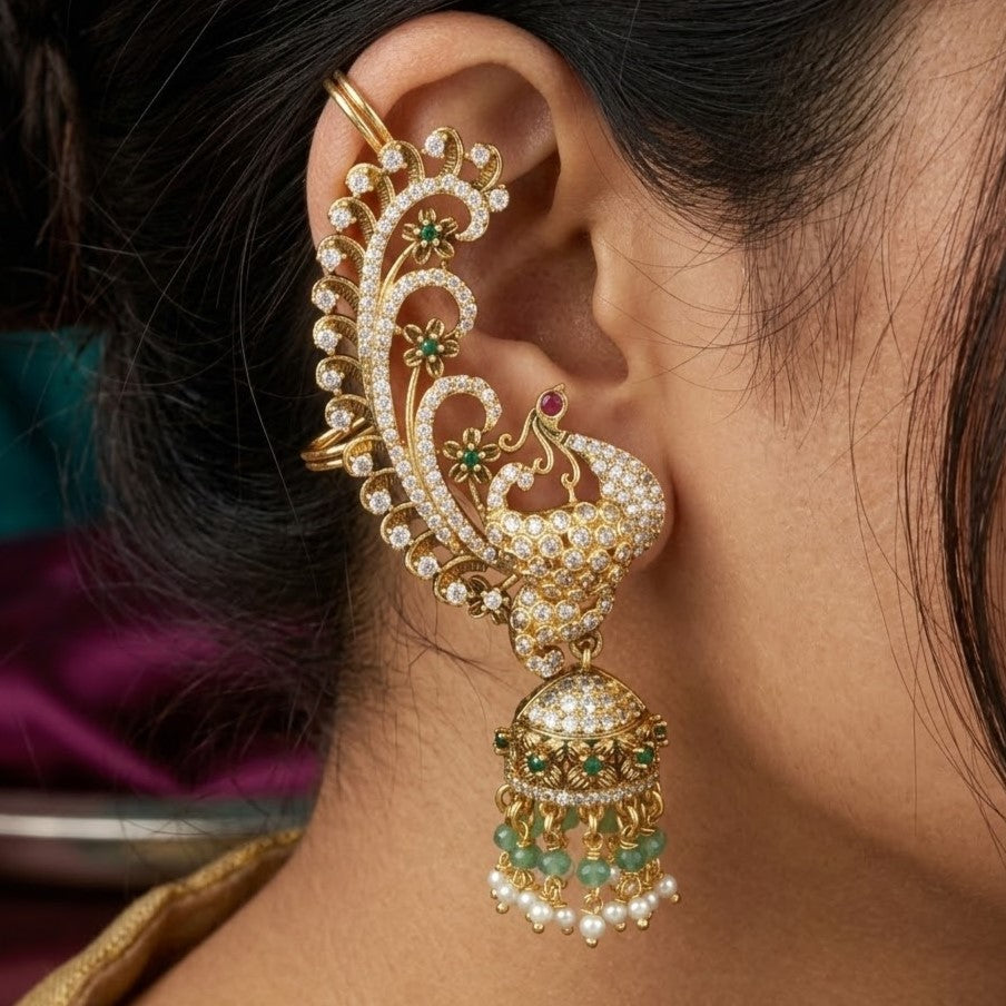 Majestic Peacock Jhumka Ear Cuffs with Emerald & Pearl Accents